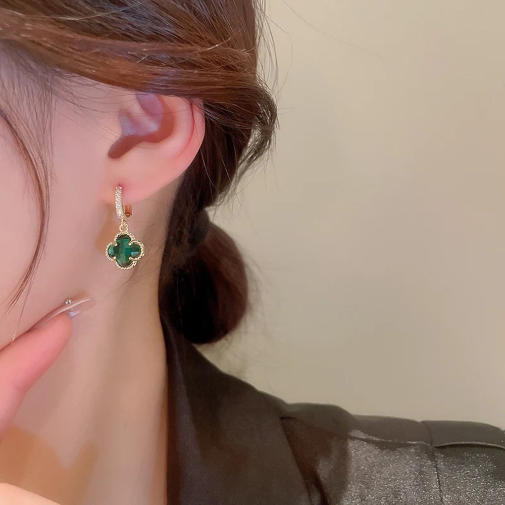 Clover Gemstone Drop Earrings | Gold & Green